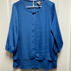 Chico's Sz 1 Medium Elegant Layered Royal Blue Keyhole Blouse